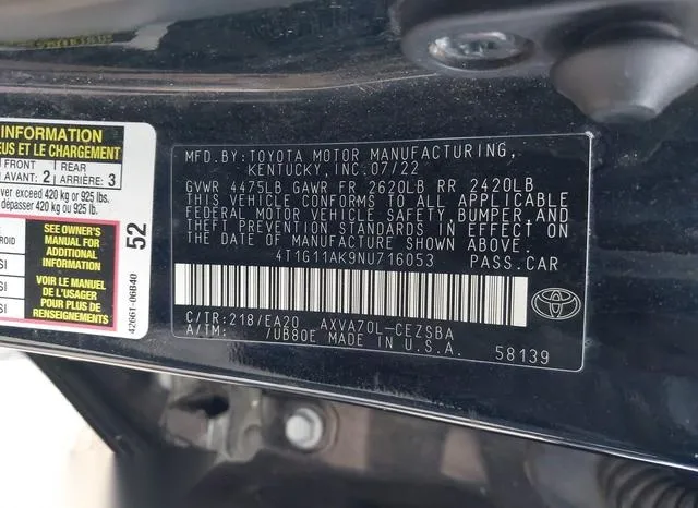 4T1G11AK9NU716053 2022 2022 Toyota Camry- SE 9