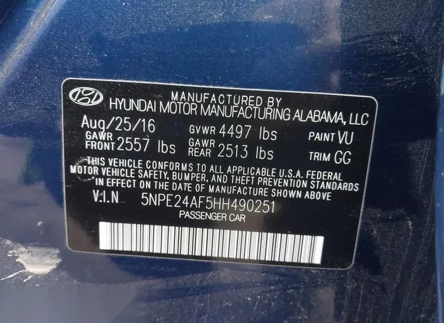 5NPE24AF5HH490251 2017 2017 Hyundai Sonata- SE 9