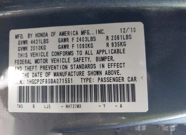 1HGCP2F85BA071551 2011 2011 Honda Accord- 2-4 Ex-L 9