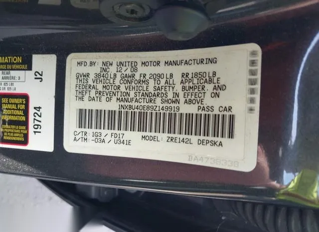 1NXBU40E89Z149919 2009 2009 Toyota Corolla- S 9