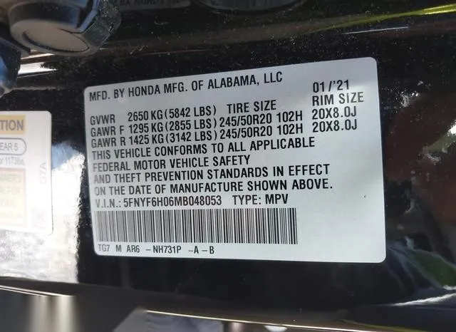 5FNYF6H06MB048053 2021 2021 Honda Pilot- Awd Elite 9