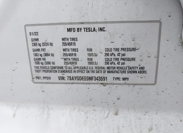 7SAYGDEE0NF343591 2022 2022 Tesla Model Y- Long Range Dual 9