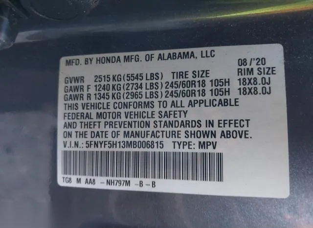 5FNYF5H13MB006815 2021 2021 Honda Pilot- 2Wd Lx 9