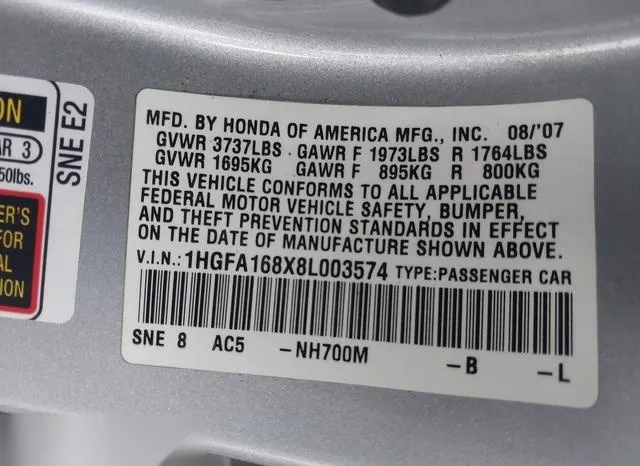 1HGFA168X8L003574 2008 2008 Honda Civic- EX 9