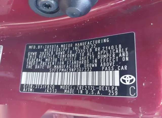 5YFEPMAE9NP307232 2022 2022 Toyota Corolla- LE 9