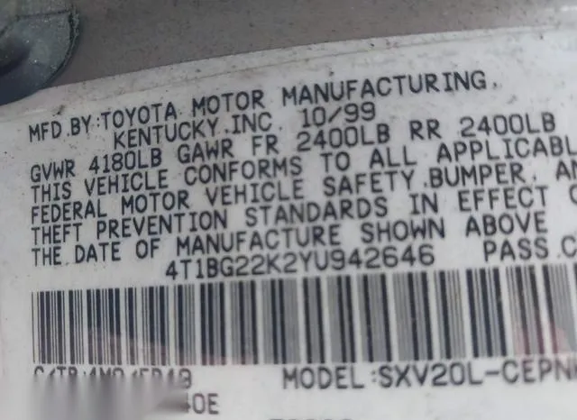 4T1BG22K2YU942646 2000 2000 Toyota Camry- LE 9