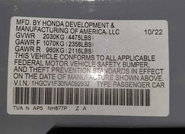 1HGCV1F30NA092932 2022 2022 Honda Accord- Sport 9