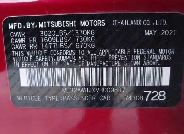 ML32AWHJXMH009837 2021 2021 Mitsubishi Mirage- SE 9