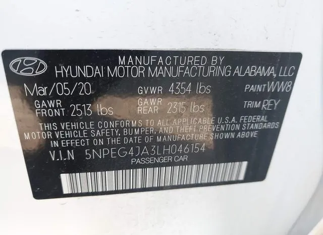 5NPEG4JA3LH046154 2020 2020 Hyundai Sonata- SE 9