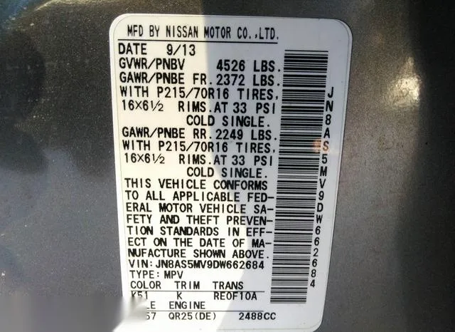 JN8AS5MV9DW662684 2013 2013 Nissan Rogue- S 9