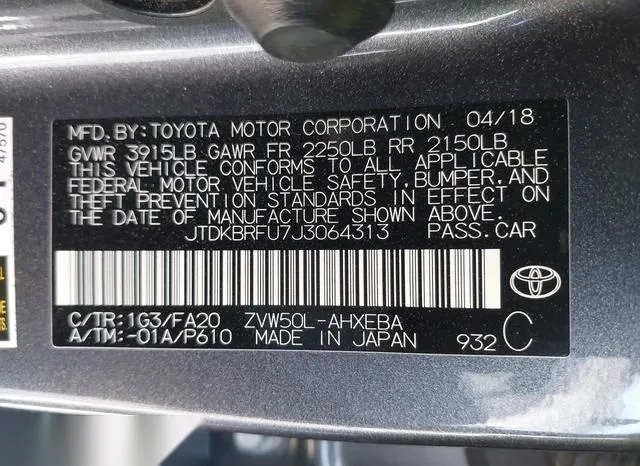 JTDKBRFU7J3064313 2018 2018 Toyota Prius- One 9