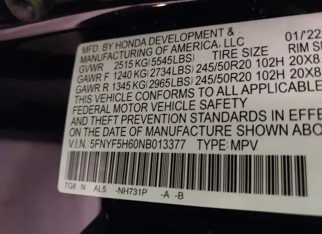 5FNYF5H60NB013377 2022 2022 Honda Pilot- 2Wd Touring 7 Pass 9