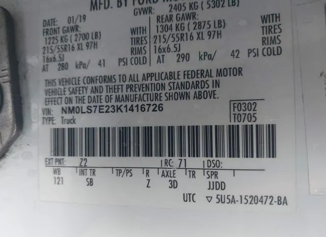 NM0LS7E23K1416726 2019 2019 Ford Transit- Connect XL 9