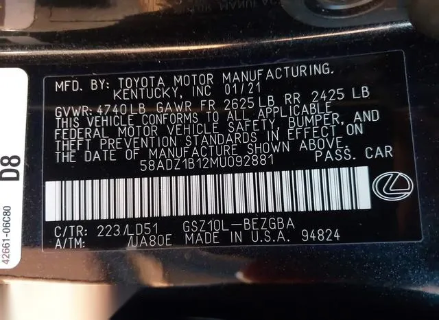 58ADZ1B12MU092881 2021 2021 Lexus ES- 350 9