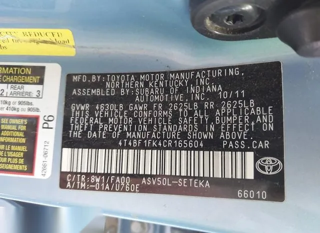 4T4BF1FK4CR165604 2012 2012 Toyota Camry- L 9