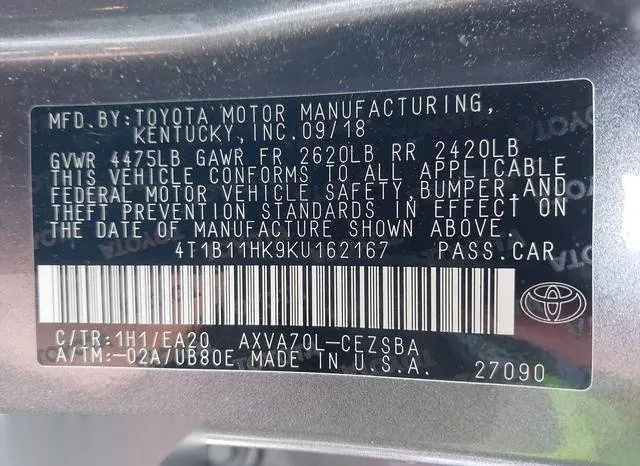 4T1B11HK9KU162167 2019 2019 Toyota Camry- SE 9