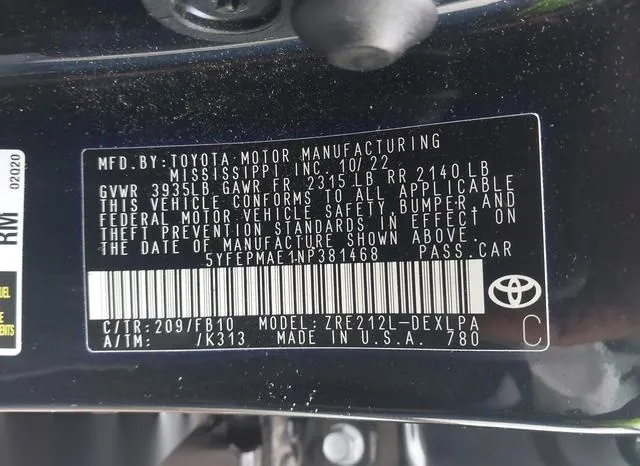 5YFEPMAE1NP381468 2022 2022 Toyota Corolla- LE 9