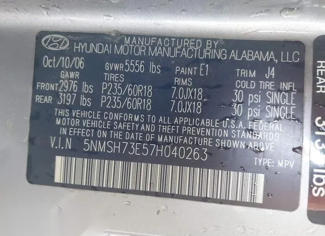 5NMSH73E57H040263 2007 2007 Hyundai Santa Fe- Limited/Se 9