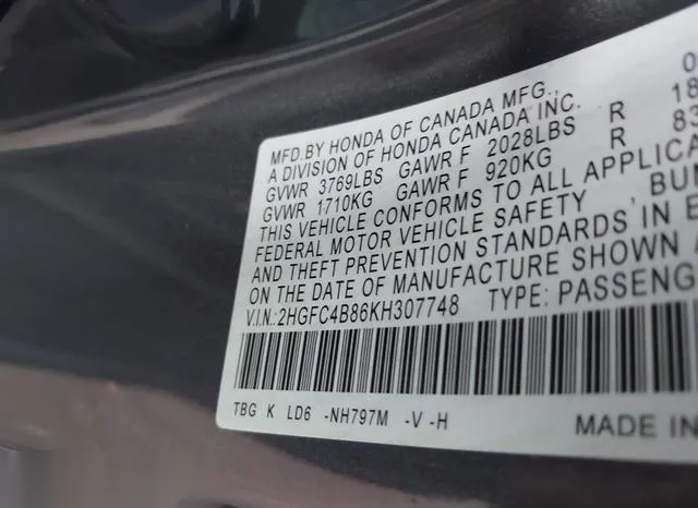 2HGFC4B86KH307748 2019 2019 Honda Civic- Sport 9