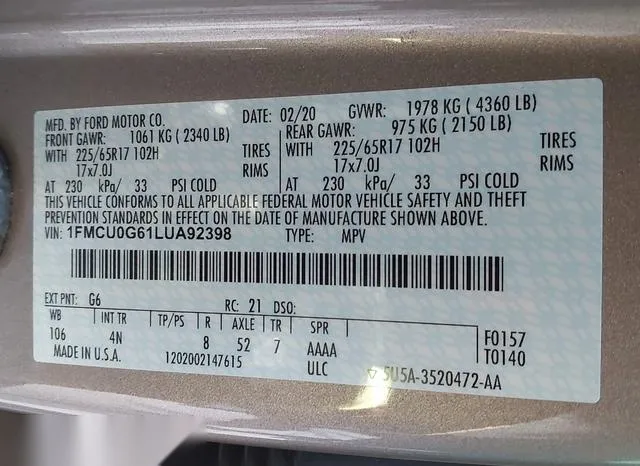 1FMCU0G61LUA92398 2020 2020 Ford Escape- SE 9