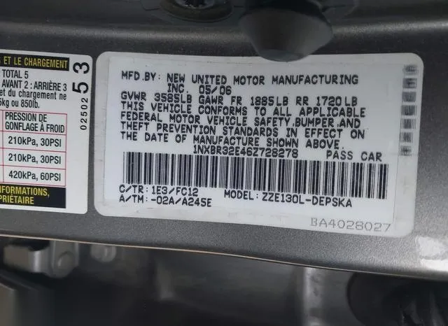 1NXBR32E46Z728278 2006 2006 Toyota Corolla- S 9