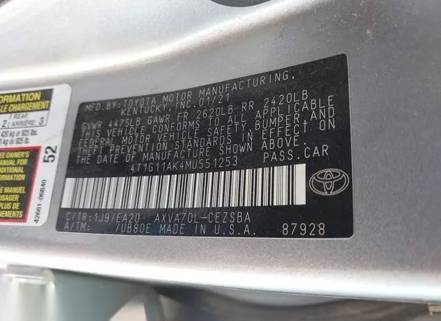 4T1G11AK4MU551253 2021 2021 Toyota Camry- SE 9