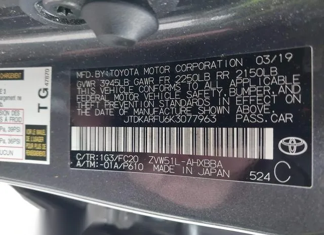 JTDKARFU6K3077963 2019 2019 Toyota Prius- L Eco 9