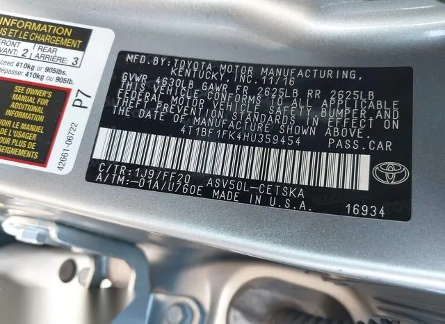 4T1BF1FK4HU359454 2017 2017 Toyota Camry- SE 9