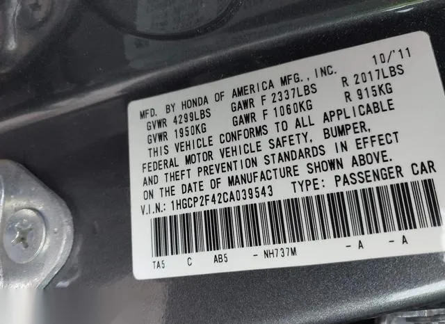 1HGCP2F42CA039543 2012 2012 Honda Accord- 2-4 Lx-P 9