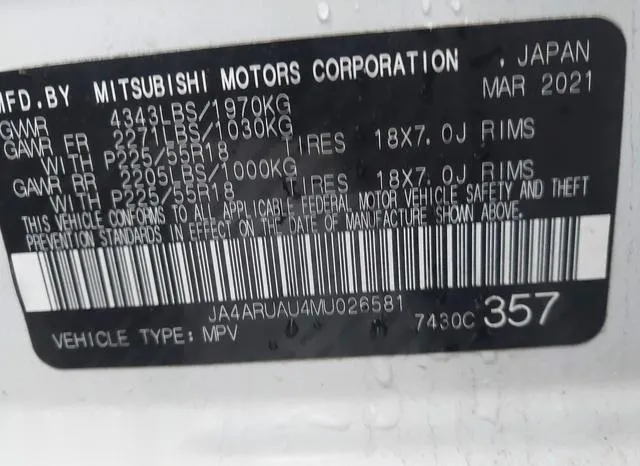 JA4ARUAU4MU026581 2021 2021 Mitsubishi Outlander- Sport Es/ 9