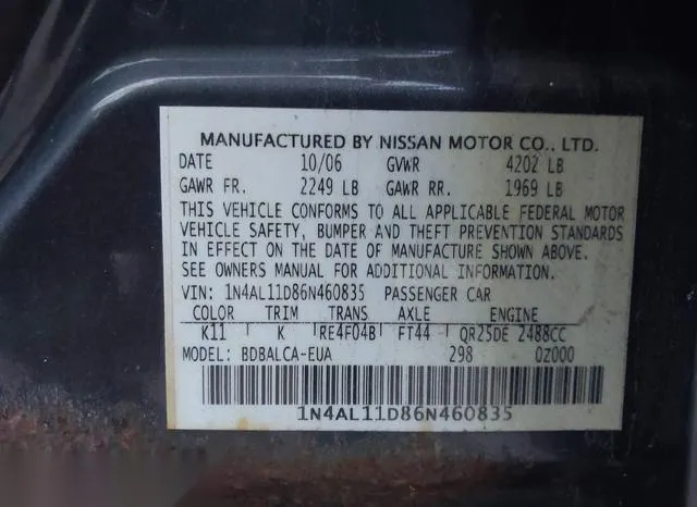 1N4AL11D86N460835 2006 2006 Nissan Altima- 2-5 S 9