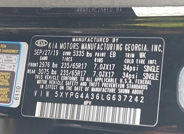 5XYPG4A36LG637242 2020 2020 KIA Sorento- 2-4L Lx 9