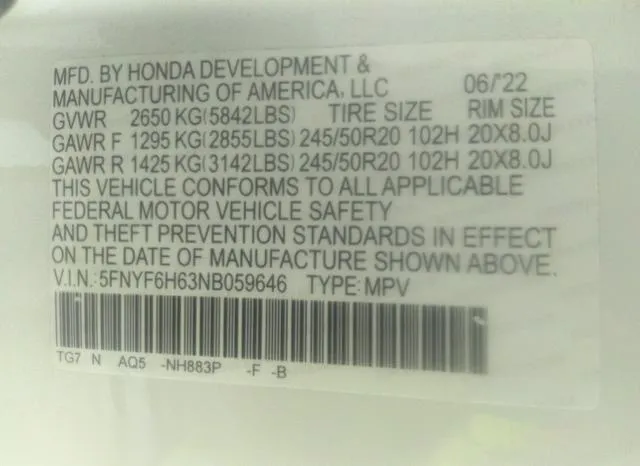 5FNYF6H63NB059646 2022 2022 Honda Pilot- Awd Touring 7 Pass 9