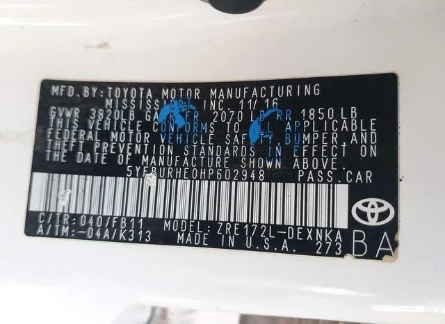 5YFBURHE0HP602948 2017 2017 Toyota Corolla- L/Le/Xle/Se/Xse 9