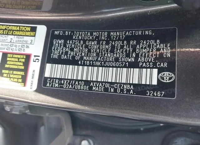 4T1B11HK1JU060571 2018 2018 Toyota Camry- LE 9