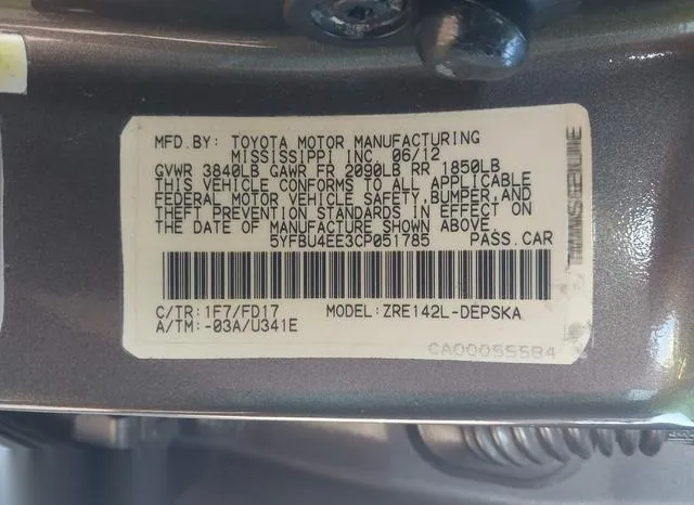 5YFBU4EE3CP051785 2012 2012 Toyota Corolla- S 9