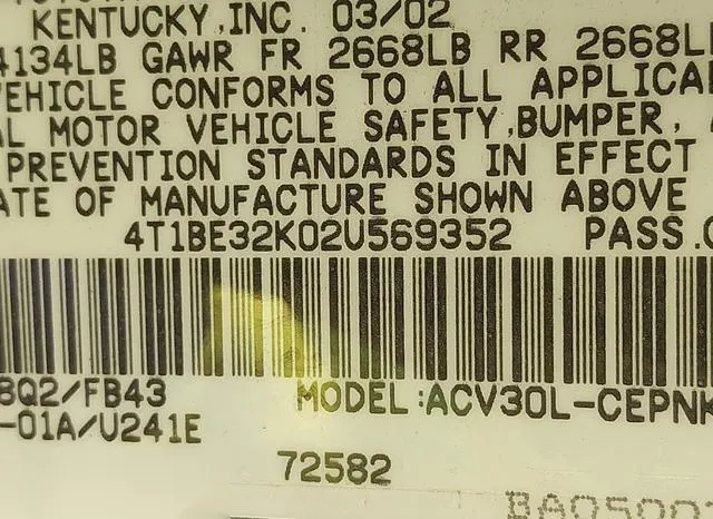 4T1BE32K02U569352 2002 2002 Toyota Camry- LE 9