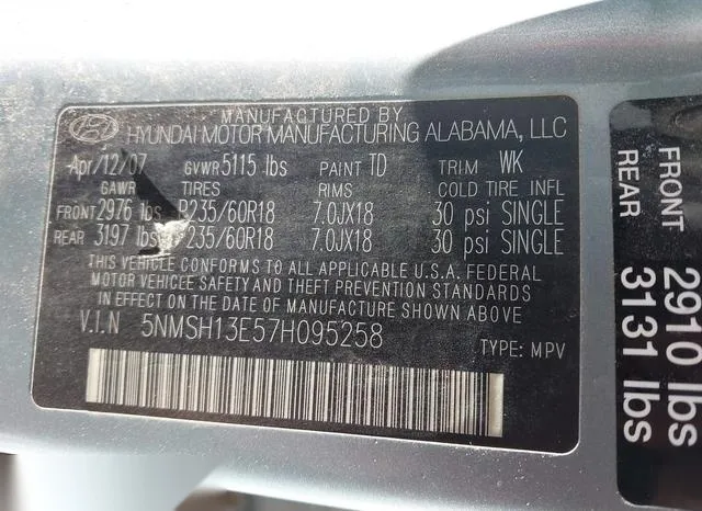 5NMSH13E57H095258 2007 2007 Hyundai Santa Fe- Limited/Se 9