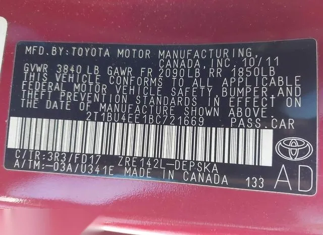 2T1BU4EE1BC721669 2011 2011 Toyota Corolla- S 9