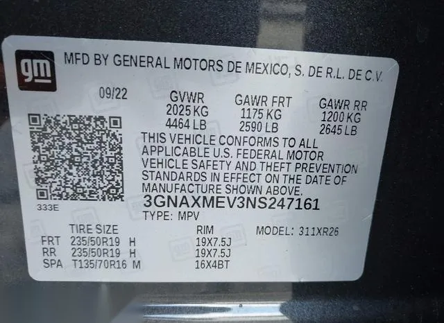 3GNAXMEV3NS247161 2022 2022 Chevrolet Equinox- Fwd Rs 9