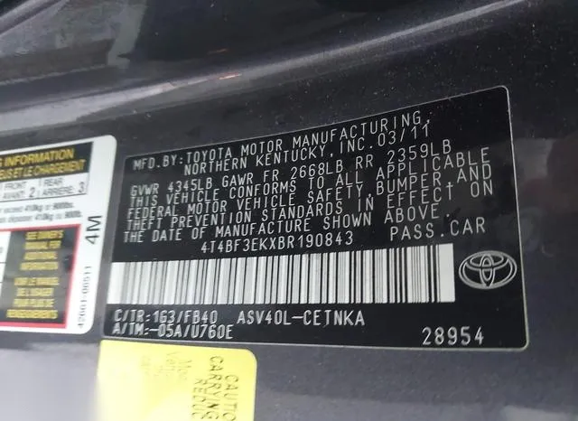 4T4BF3EKXBR190843 2011 2011 Toyota Camry- LE 9