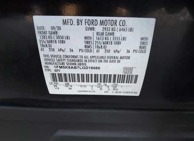 1FM5K8AB7LGD18686 2020 2020 Ford Police Interceptor Utility 9