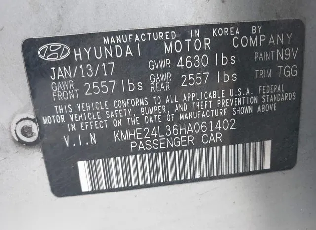 KMHE24L36HA061402 2017 2017 Hyundai Sonata- Hybrid SE 9