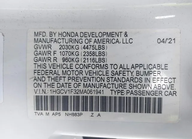 1HGCV1F32MA061941 2021 2021 Honda Accord- Sport 9