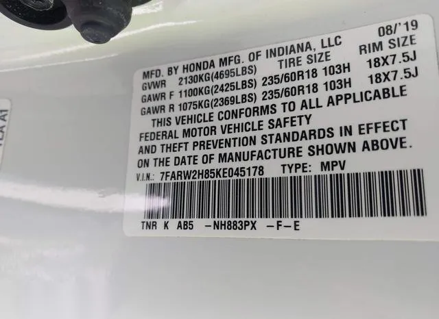 7FARW2H85KE045178 2019 2019 Honda CR-V- Ex-L 9