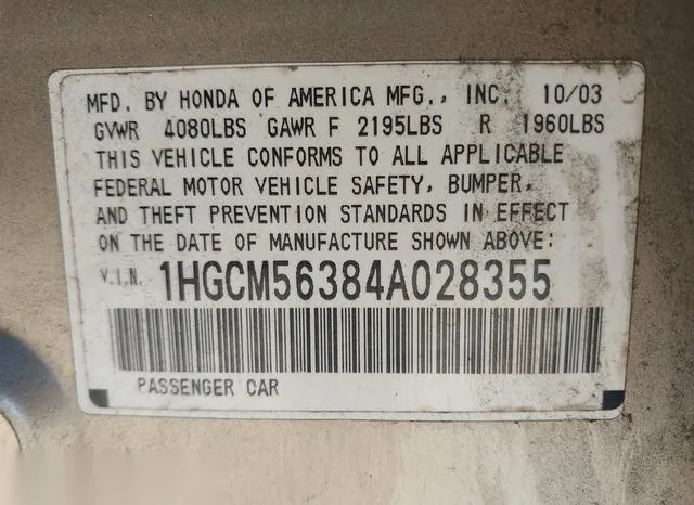 1HGCM56384A028355 2004 2004 Honda Accord- 2-4 LX 9