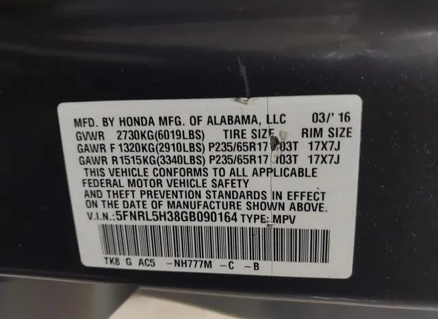 5FNRL5H38GB090164 2016 2016 Honda Odyssey- SE 9