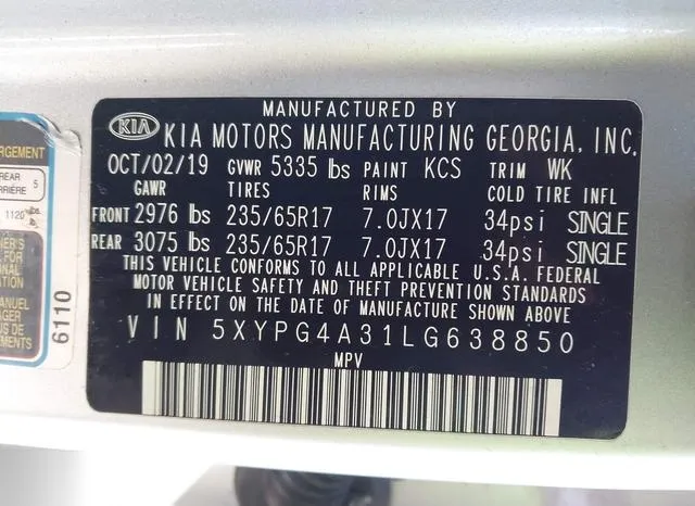 5XYPG4A31LG638850 2020 2020 KIA Sorento- 2-4L L 9