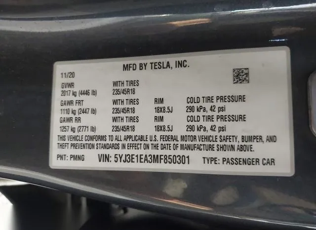 5YJ3E1EA3MF850301 2021 2021 Tesla Model 3- Standard Range P 9