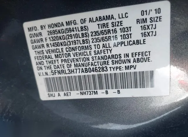 5FNRL3H77AB046283 2010 2010 Honda Odyssey- Ex-L 9